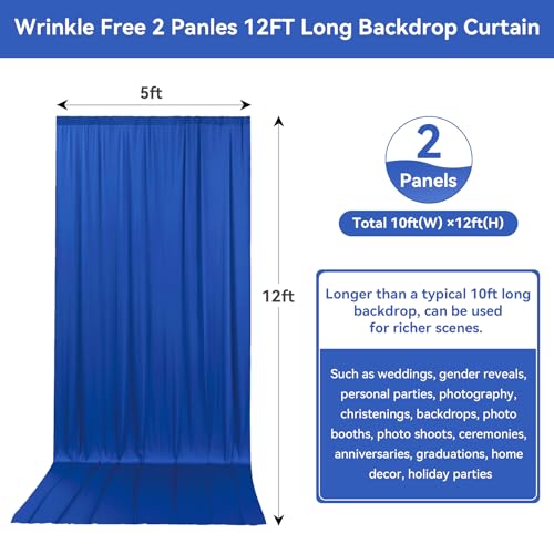 10ftx12ft Wrinkle Free Royal Blue Backdrop Curtain, 2 Panels 12FT Height Royal Blue Wedding Backdrop Drapes, Silky Polyester Back Drop Cloth for Birthday Photography Background Party Backdrop Draping - color: Royal blue, size: W5' X H12'(2 Panels)