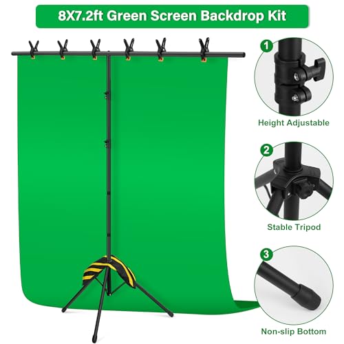 Green Screen Backdrop Kit 8X7.2ft,Portable greenscreen Background with Stand,Adjustable T-Shape Photo Backdrop Stand for Photography, Streaming,Video,Studio,Party,Zoom