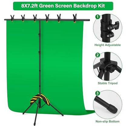 Green Screen Backdrop Kit 8X7.2ft,Portable greenscreen Background with Stand,Adjustable T-Shape Photo Backdrop Stand for Photography, Streaming,Video,Studio,Party,Zoom