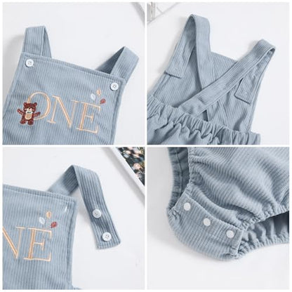IMEKIS Baby Girls Boys Boho 1st Birthday Outfit Backless Overalls Romper for Cake Smash Photo Shoot - color: Blue Bear One, size: 9-12 Months