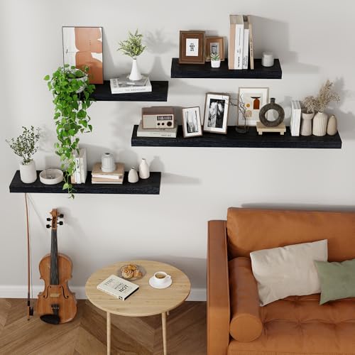 Axeman Floating Shelves, 2 Pack 8 Inch Deep Modern Solid Wood Wall Shelves for Storage, Wall Mounted Display Shelving with Invisible Heavy-Duty Metal Bracket, 24" W x 8" D x 1.6" H, Distressed Black - color: Distressed Black, size: 24" W, 2-Pack