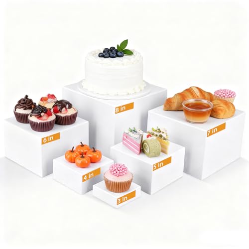 6PCS Buffet Risers，Large Food Risers for Buffet Table, Dessert Table Display Set,Food Stands for Display Party，Collectibles Jewelry Display Stand, Acrylic Cube Boxes big size(8"-7"-6"-5"-4"-3") - color: white-6pcs-3-8