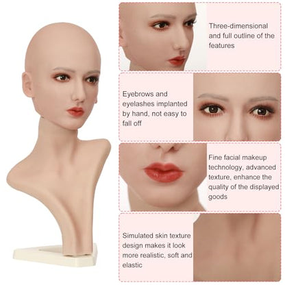 Realistic Silicone Head Mannequin Fake Female Head Model Display for Jewelry Wig Scarf Necklace Glasses Props Display Art Collection with Lifelike Skin Tone (2WTM3-1) - size: Head model 3