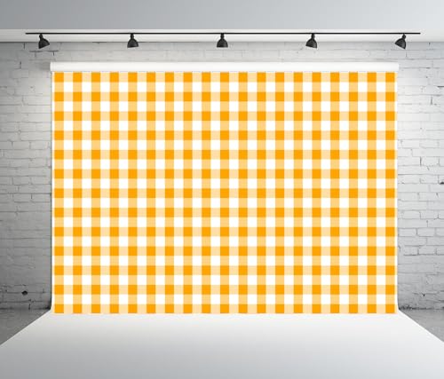 BELECO 12x10ft Fabric Yellow and White Checkered Backdrop Yellow Gingham Pattern Plaid Texture Background BBQ Picnic Party Decorations Birthday Baby Shower Shoot Photo Props - size: 12x10ft