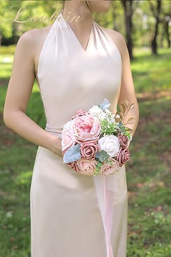 Lookein Bridesmaid Bouquet Set of 4 Boho Wedding Bouquet 7-Inch Fake Flower Bouquet for Bride Tossing Bouquet for Wedding Ceremony, Elegant Dusty Rose - color: 7" French Dusty Rose
