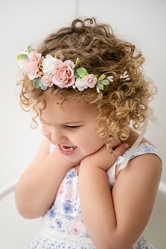 Flower Girl Flower Crown Pink Baby Girls Floral Headpieces Kids Headband Children Hair Wreath Photo Prop (Blush pink-Child Size) - color: Blush pink