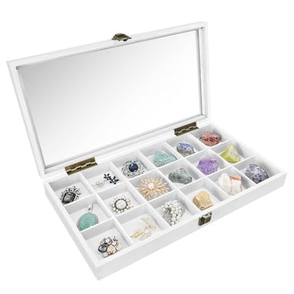 MOOCA Wooden Display Storage Case with Tempered Glass Lid for Jewelry and Beads with 18 Compartments Tray, 15 W x 8 3/8 L x 2 1/8 H in, Wash White Color - color: Wash White