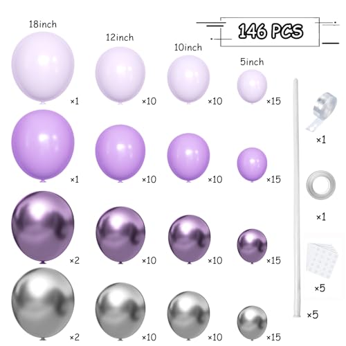 MEBAY Grey Violet Maca Purple Silver Balloons Garland Arch Kit, 146Pcs Latex Balloons Different Sizes 18 12 10 5 Inch for Party Decoration Birthday Wedding Engagements Anniversary Baby Shower - color: 141-grey Violet-maca Purple-silver