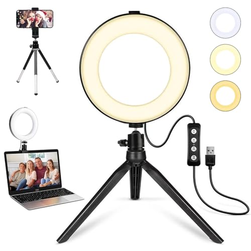 2 in 1 LED 6" Ring Light with Tripod Stand & Clamp for YouTube Video and Makeup, Mini LED Camera Light with Cell Phone Holder Desktop Lamp with 3 Light Modes & 11 Brightness Level - size: 6 inch with Tripod and Clamp
