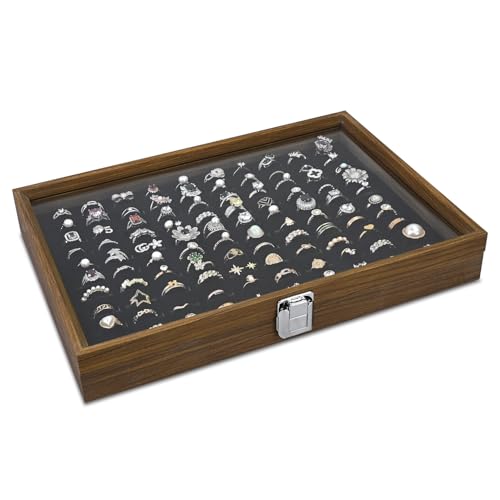 MOOCA Ring Box Jewelry Display Tray, Display Case Accessories Storage Box with Tempered Glass Hinge Lid, Black Lined Jewelry Tray for Rings, Walnut/Black Color, 14.1W x 10.2D x 2.1H in - color: Black, Walnut Case, 100 Slots
