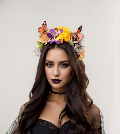 Elegant Butterfly Flower Headband for Women Boho Handmade Rose Floral Crown Wedding Bridal Festivals Cosplay Prom Photo Props Headpiece (C2 yellow, Adjustable) - color: C2 yellow