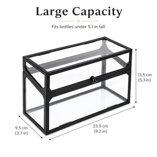 Cologne Organizer for Men, Glass Perfume Organizer Box with Flip Top Lid, Dustproof Perfume Storage Case, Clear Cologne Holder for Vanity, Bathroom Countertop, Watch, Jewelry, Fragrance Display, Black