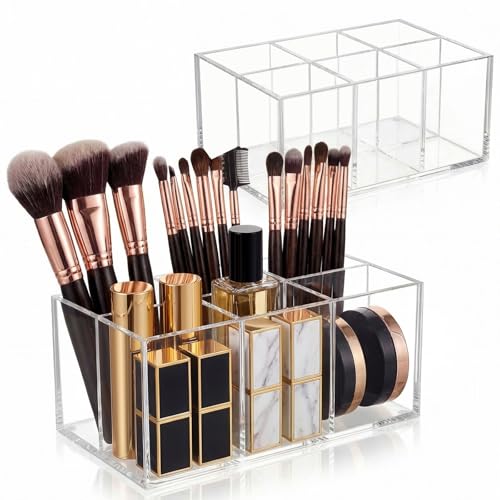 Zhehao 2 Pack Clear Acrylic Makeup Brush Holder Organizer, 6-slot Cosmetic Storage Organizer Pencil Holder for Vanity, Countertop & Desk, Transparent Makeup Brush Stand for Brushes, Lipsticks & Pens