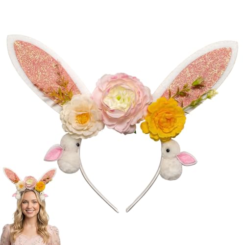 Easter Bunny Ear Headband with Floral Decorations, Glitter Rabbit Ears Hair Hoop for Women and Girls, Spring Party Hair Accessories for Photo Props,Cosplay - color: Pink