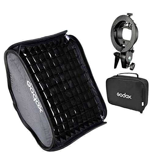 Godox S Type Bracket Bowens Holder S Mount Holder with Foldable 50x50cm /19.5x19.5 inches Softbox and Honeycomb Grid & Bag Kit for Flash Camera Studio Photography