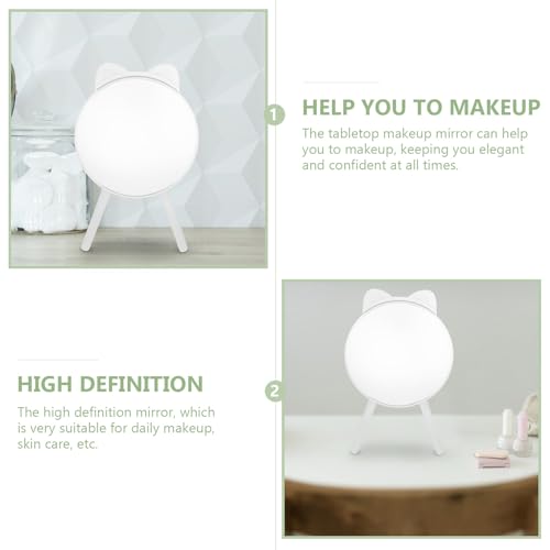 Cat Ear Makeup Mirror with Tripod Stand and Comb, White Desktop Cosmetic Mirror, Fashionable Vanity Table Decor and Photo Prop