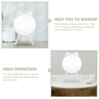 Cat Ear Makeup Mirror with Tripod Stand and Comb, White Desktop Cosmetic Mirror, Fashionable Vanity Table Decor and Photo Prop