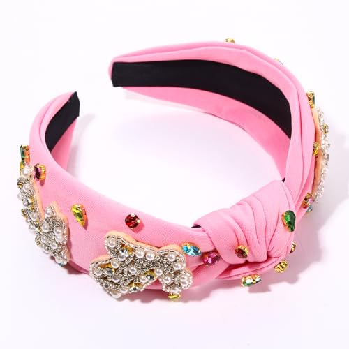 NVENF Easter Headband for Women Beaded Easter Rabbit Bunny Headbands White Pink Crystal Pearl Knotted Hairband Happy Spring Holiday Headwear Outfits Gifts (Rabbit B - Pink) - color: Rabbit B - Pink