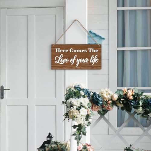 Rustic Wedding Signs Here Comes The Love of Your Life, Ring Bearer Sign, Wedding Decor Weddings Stuff Engagement Decorations 12x6 Inches (Brown) - color: Here Comes The Love of Your Life