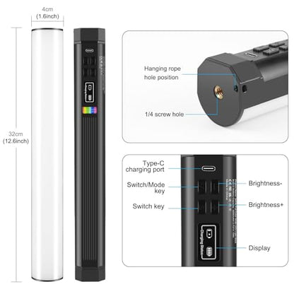 PULUZ Photography Lighting, 360° Magnetic Handheld Light Wand with 2000mAh Rechargeable Battery, 2500-9000K Dimmable Tube Light for Camera, Studio Photography, TikTok, YouTube, Vlogs (30cm/11.8 in) - size: 11.8 inches