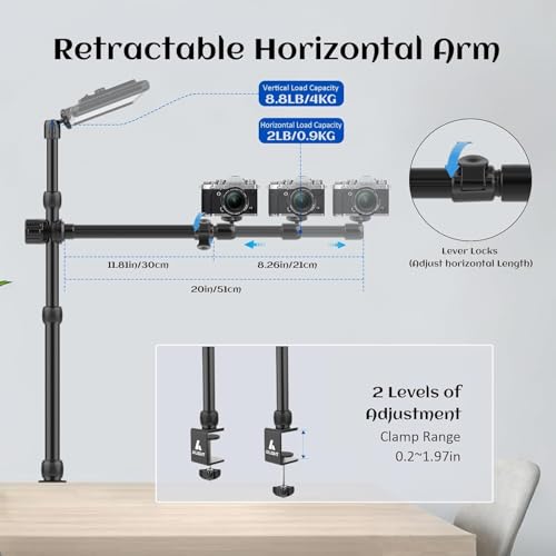 Ailight Overhead Camera Mount Desk Stand, 15.75"-33.45" Webcam Mount with 2-Section Adjustable Telescopic Boom Arm, C Clamp/Swiveling Ball Head for DSLR Camera, Ring Light, Webcam