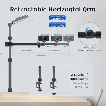 Ailight Overhead Camera Mount Desk Stand, 15.75"-33.45" Webcam Mount with 2-Section Adjustable Telescopic Boom Arm, C Clamp/Swiveling Ball Head for DSLR Camera, Ring Light, Webcam