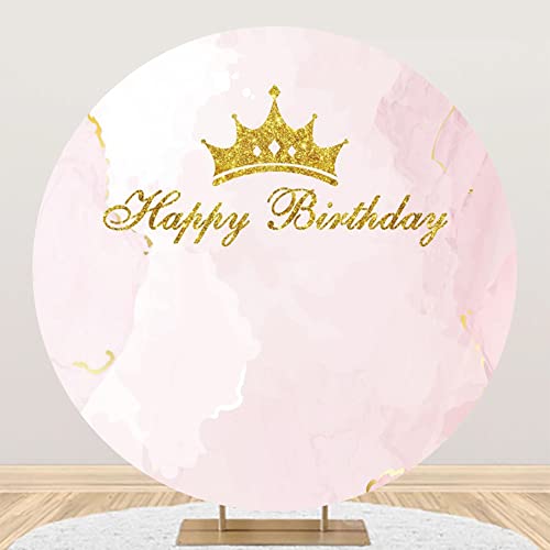 Leyiyi 6x6ft Happy Birthday Round Backdrop Cover Pink Marble Glitter Gold Princess Crown Photography Background for Baby Girl Newborn Kids Birthday Party Decoration Studio Props Photo Booth Props - size: 6x6ft-Diameter