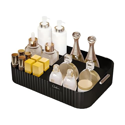 DASITON Large Capacity Makeup Organizer,12 Slots Makeup Brush Holder,Makeup Storage with Handle,Vintage Striped Cosmetic Organizer for Bathroom Countertops,Desk Storage Container(Black) - color: Black