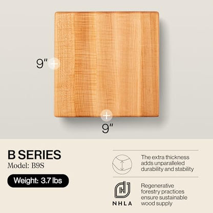 John Boos B Series Square Wooden Maple Cutting Board 9”x9” – 1.5” Thick, 3.7-lb Non-Reversible Butcher Block with Wood Bun Feet & Edge-Grain - color: Maple with Wood Feet, size: 9"L x 9"W