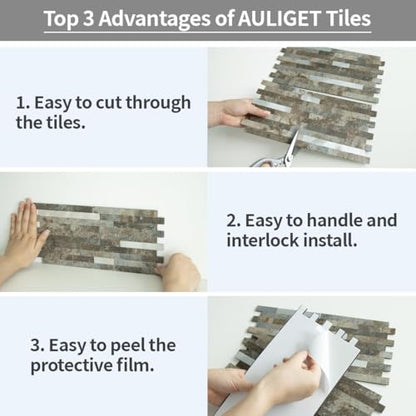 AULIGET 2 Sheets Beige & Brown Slate Peel and Stick Backsplash, PVC Mixed Metal Silver Wall Tile Stick on Backsplash for Kitchen and Bathroom - color: Beige & Brown Slate + Metal Silver, size: 2 Sheets, 6"x12"x0.12"