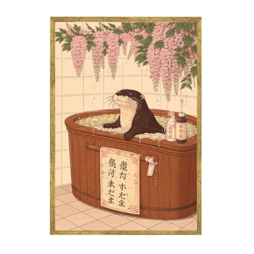 Framed Otter in Wooden Bath Vintage Canvas Art Print Whimsical Poster Wall Art for Bathroom Decoration Stunning Pictures Wall Decor Home Decor for Apartment (12L x16W,Gold Framed) - size: 12L"x16W"