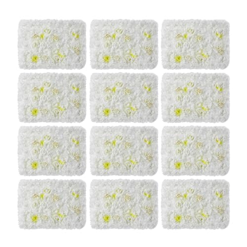 LOYALHEARTDY 12 Pack Artificial Flower Wall Panels 24" x 16" Flower Wall Panel White Wall Backdrop Faux Hydrangea and Rose Flower Backdrop Panels for Flower Wall Wedding Party Event Decoration - color: 12 Pcs, White+light Yellow