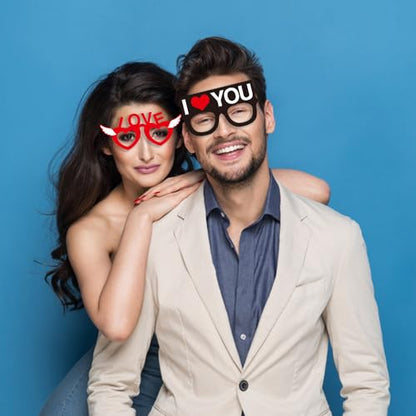 Valentine’s Day Photo Booth Props 24 Pcs Romantic Love Heart Selfie Props Happy Valentine’s Day Glasses Cute Hat Mustache Heart Photograph Props for Wedding Bridal Shower Party Supplies