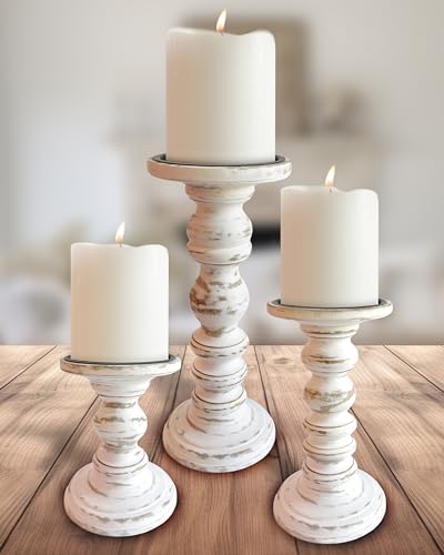 Large Candle Holders for Pillar Candles (3 Piece Set) Tall Rustic Wood Farmhouse Pillar Candlestick Stands - Fits 4 inch inch Wide Pillar Candles - Modern Candle Holder Decor (Antique White) - color: Antique White