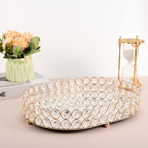 Feyarl Crystal Perfume Tray Vanity Makeup Organizer Ornate Jewelry Trinket Cosmetic Tools Decorative Skin Care Storage for Home Deco Dresser Bathroom Countertop (Oval 12" x 9") (Gold)