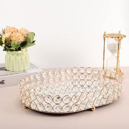 Feyarl Crystal Perfume Tray Vanity Makeup Organizer Ornate Jewelry Trinket Cosmetic Tools Decorative Skin Care Storage for Home Deco Dresser Bathroom Countertop (Oval 12" x 9") (Gold)
