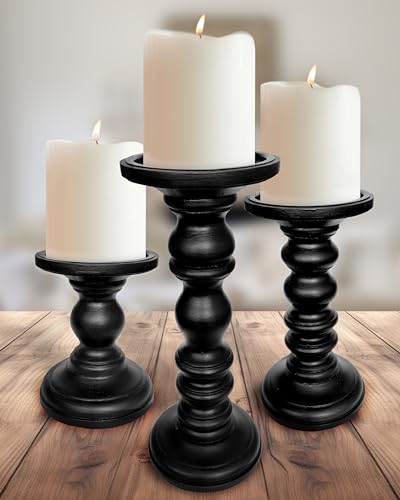 Satin Black Candle Holders for Pillar Candles (Set of 3) Tall Large Rustic Pillar Candlestick Stands - Fits Both 4 inch and 3 inch Wide Pillar Candles - Modern Farmhouse Decor (Satin Black) - color: Satin Black