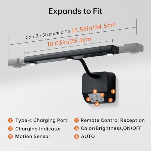 Motion Sensor Picture Light with Remote & Extendable Bar, 600 Lumens Dimmable LED Wall Light, 5000mAh Rechargeable Battery Operated for Artwork, Photos, Hallway, Bedroom,Black - color: Black 1 Pack