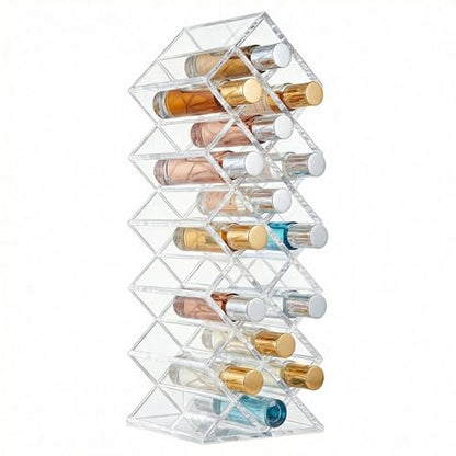 16-Slot Rollerball Perfume Organizer, Clear Acrylic Perfume Holder – Rollerball & Lipsticks Display Stand for Vanity, Countertop & Drawer – Beauty Storage with Anti-Tumble Design