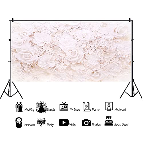 AOFOTO 20x10ft White Flowers Wall Backdrop Elegant Roses Romantic Wedding Bridal Shower Photography Background Baby Shower Party Valentines Mother's Day Photo Banner Studio Props Wallpaper - size: 20x10ft
