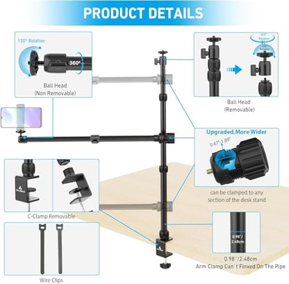 Ailight Overhead Camera Mount Desk Stand, 15.75"-33.45" Webcam Mount with 2-Section Adjustable Telescopic Boom Arm, C Clamp/Swiveling Ball Head for DSLR Camera, Ring Light, Webcam