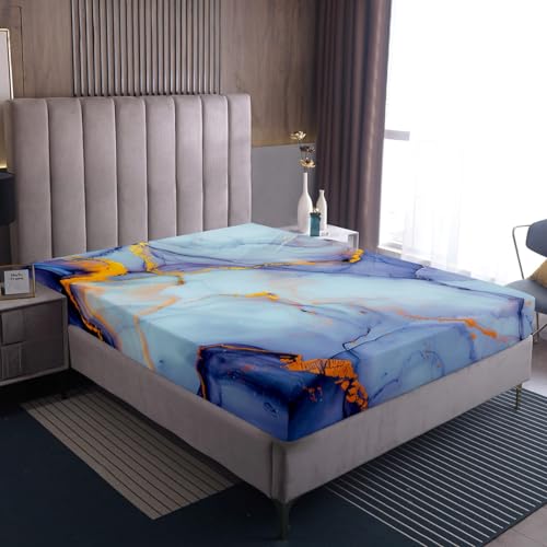 Erosebridal Marble Full Fitted Sheet for Boys, Stone Pattern Fluid Bedding Set Watercolor Liquid Quicksand Bed Sheets Artwork Metallic Marble Sheets with 2 Pillow Cases, Blue Yellow - color: Blue Yellow, size: Full