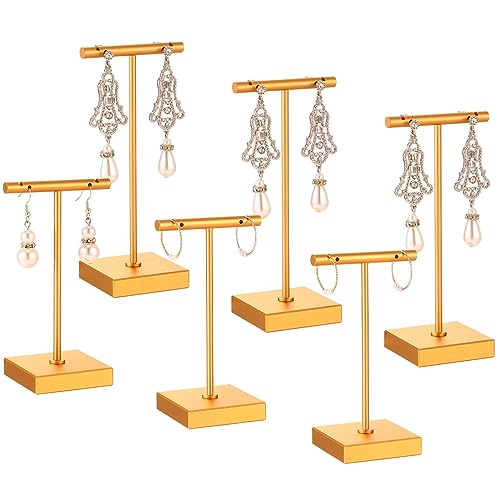 Kigeli 6 Pack Metal Bar Earring Display Stand Retail Earring Display Holder Detachable Metal Display Storage Rack Jewelry Photography Prop, Square Base, Height 4.3" and 5.1"(Gold) - color: Gold
