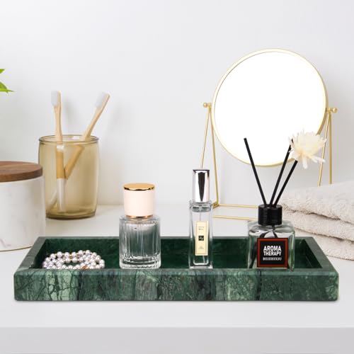 Marble Bathroom Vanity Tray,Luxury Natural Stone Small Decorative Tray,Soap Dispenser Dresser Top Perfume Home Kitchen Toilet Tank Sink Tray for Soap Bottles, Key Trinket Ring Tray(Green) - color: Blackish Green, size: 12" x 5" x 1.2"