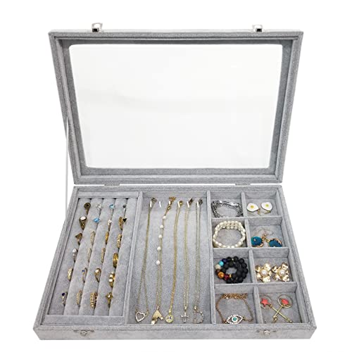 Ice Velvet Jewelry Organizer Box for Women Girlfriend Wife,Clear Lid Earrings Rings Necklace Bracelets Jewelry Tray Storage Case Grey - color: 8 Grids & 5 Slots & 6 Necklace Hooks