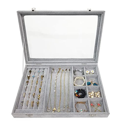 Ice Velvet Jewelry Organizer Box for Women Girlfriend Wife,Clear Lid Earrings Rings Necklace Bracelets Jewelry Tray Storage Case Grey - color: 8 Grids & 5 Slots & 6 Necklace Hooks