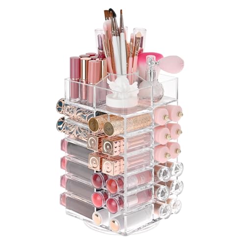 Ikee Design Lipstick Organizer with 53 Slots 360 Degree Rotating Spinning Acrylic Lip Gloss Organizer for Makeup, Lipsticks, Brushes, Cosmetic Storage Display, Bathroom, Vanity, Countertop - color: 3) Clear, 53 Slots