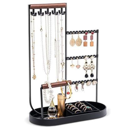 ProCase Jewelry Organizer Tower, 10 Hooks Jewelry Storage Rack Tree Holder Stand with Velvet Ring Display Tray for Necklaces Bracelets Earrings Rings Watches -Black - color: Balck