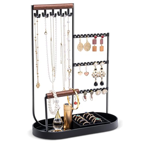 ProCase Jewelry Organizer Tower, 10 Hooks Jewelry Storage Rack Tree Holder Stand with Velvet Ring Display Tray for Necklaces Bracelets Earrings Rings Watches -Black - color: Balck