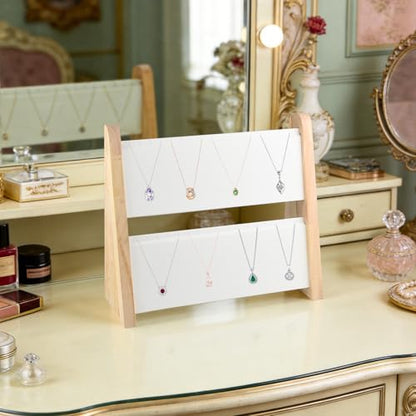 10.2'' x 10.7'' x 12.2'' Double-Deck Folding Wood Necklace Display Stand with Leather Mat Tabletop Jewelry Stand Storage (White) - color: White